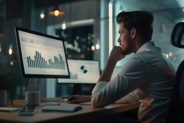 Strategic Analysis: Businessman Engaged in Analyzing Growth Graph and Progress of Financial Strategy amidst Global Digital Network