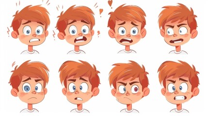 Modern cartoon set of cute child portraits with laughs, sads, angrys, shyness, surprises, and cries and angry faces isolated on the background.