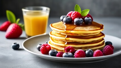  Deliciously stacked pancakes with fresh berries and a refreshing beverage