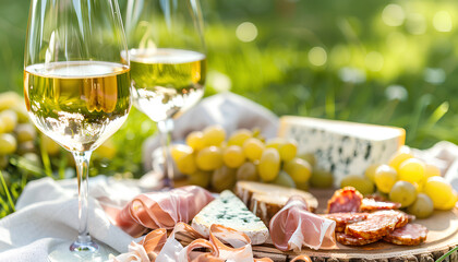 picnic with white wine served outside with cheese and charcuteri