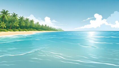  Sea beach landscape. Cartoon summer sunny day, ocean view the horizontal panorama, water sand, and clouds. Vector illustration of beach vacation background