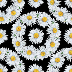 Seamless pattern of watercolor chamomile flowers wreath. Botanical hand painted floral elements. Hand drawn illustration. On black background. For fabric, wrapping paper, wallpaper decor