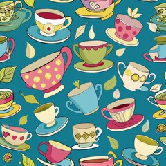 Seamless pattern of whimsical teacups and saucers, Generative AI
