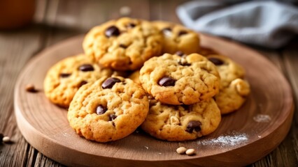  Delicious Chocolate Chip Cookies on a Wooden Plate