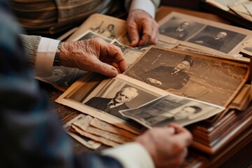 An elderly person's hands delicately sift through a collection of old, worn photographs depicting various family members and historic moments. A moment of nostalgia and remembrance.