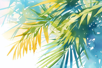 Watercolor illustration of palm leaves. Vacation and summer travel concept. Design for a resort's promotional material. Interior poster for a spa or wellness center. Banner with copy space.