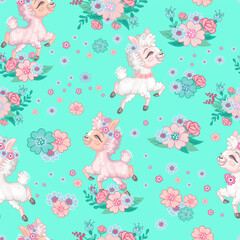 Cute llama on a mint color background seamless pattern