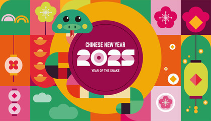 Chinese new year 2025, Year of the snake, Lunar new year background, poster, abstract vector geometric pattern, retro abstract geometric pattern, geometric graphics and abstract background