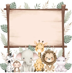 Watercolor Illustration Safari Animals and Wooden Board © Stella