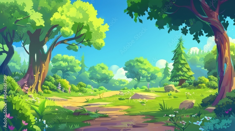 Poster Natural landscape modern illustration showing a path through a sunlit forest. The background is a clear blue sky background with flowers blooming on bushes along the way. - Posters