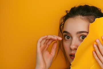 Woman holding a piece of yellow paper in front of her face. Perfect for advertising or communication concepts