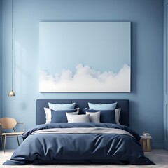  Sky blue or pale pastel tone bedroom with a blue navy bed. Empty painted wall canvas art. Mockup light background interior design rich home or hotel. Accent color trend. 3d rendering 