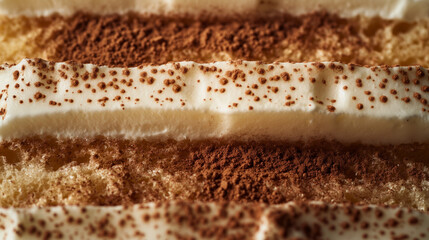 A macro shot of the layers within a classic tiramisu dessert, showing cream and cocoa