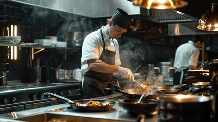 A skilled chef in a white uniform meticulously garnishing a dish in a modern, well-equipped restaurant kitchen.