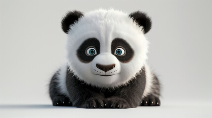 A charming, animated baby panda with expressive eyes and fluffy black and white fur, sitting on a white background.