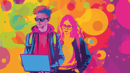 Portrait of young students with laptop on color background