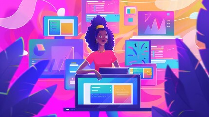 Modern modern illustration of a smiling female character watching educational videos on laptop, analyzing information, studying marketing, optimizing websites.