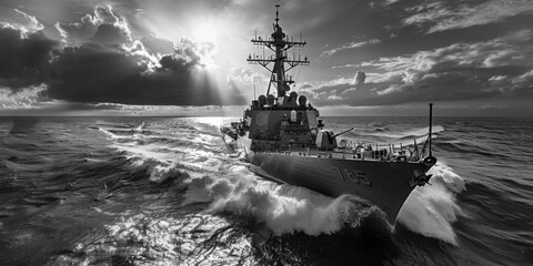 Black and white photo of a ship sailing in the ocean. Suitable for travel magazines