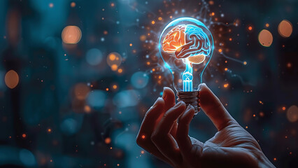Innovation Concept: Human Hand Holding Digital Art of Brain-Light Bulb Hybrid, Technology and Innovation