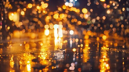 Enchanting golden bokeh lights on wet city street