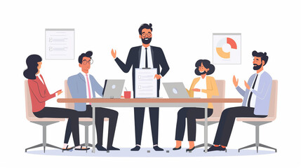 Team leader, male boss provide information to colleagues, negotiates to investors, sell company services, teach apprentices during formal meeting in conference room. Business communication, meeting