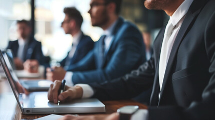 Team leader, male boss provide information to colleagues, negotiates to investors, sell company services, teach apprentices during formal meeting in conference room. Business communication, meeting