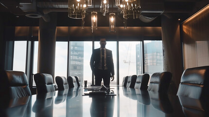 Team leader, male boss provide information to colleagues, negotiates to investors, sell company services, teach apprentices during formal meeting in conference room. Business communication, meeting