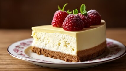  Delicious slice of layered cake with fresh raspberries on top