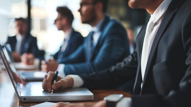 Team leader, male boss provide information to colleagues, negotiates to investors, sell company services, teach apprentices during formal meeting in conference room. Business communication, meeting - Powered by Adobe