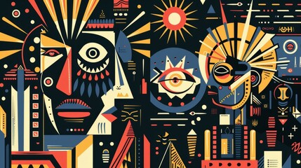 Posters showing a vintage sculpture face and statue body, a surreal shape with an open eye, and psychedelic elements.