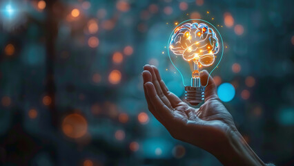 Innovation Concept: Human Hand Holding Digital Art of Brain-Light Bulb Hybrid, Technology and Innovation