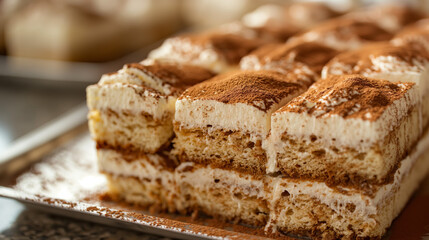 A perfect shot of a delectable tiramisu dessert on a tray, highlighting the textures and layers