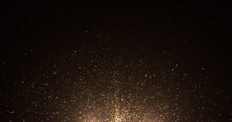 Abstract background of gold particles. Gold shiny background. gold dust and beautiful bokeh on a dark background.. © Anastasika