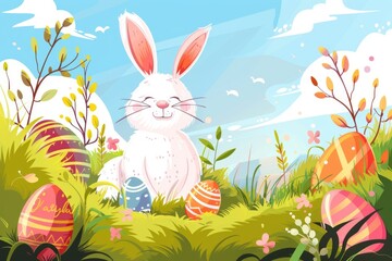 A cute rabbit sitting in the grass with colorful Easter eggs. Perfect for Easter holiday designs