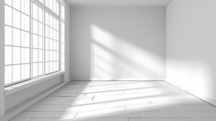 3d scene of a room corner with sun shadow from a window. Empty interior with white walls, floor, and ceiling. 3D rendering of a hall with a sun light shade perspective, Realistic 3D modern