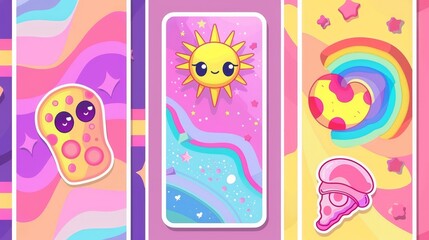 These psychedelic posters templates feature a sun, a rainbow, a planet, a disco ball, an eye, and a pizza. Abstract posters templates with transparent backgrounds and modern illustrations.