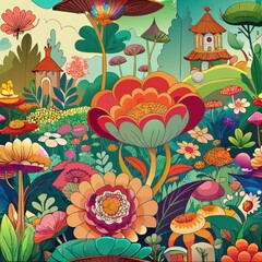 Seamless pattern of fantastical gardens with oversized flowers, Generative AI
