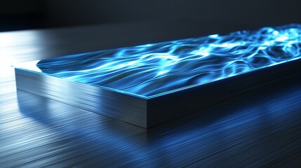 A dynamic, electric blue light projection on a sleek, metallic surface, creating an illusion of rippling water in motion, symbolizing fluidity.