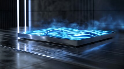 A dynamic, electric blue light projection on a sleek, metallic surface, creating an illusion of...