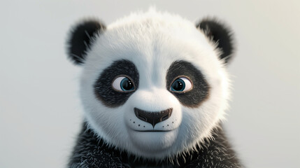 A charming, animated baby panda with expressive eyes and fluffy black and white fur, on a white background.