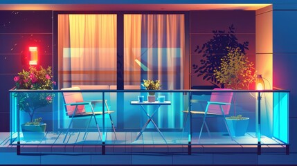 City house balcony with table, chairs, planters, and glass fence. Empty apartment terrace with furniture and flowers on the table, at night, modern illustration.