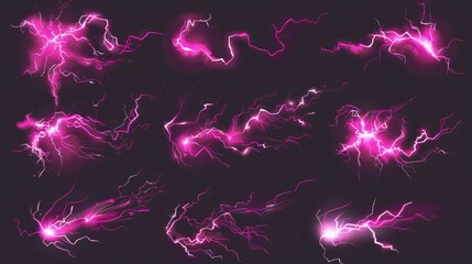 Lightning effect modern set for thunder games. Magic red neon effect for animations. Strike png element for spell shots. Bright attack action or blast design.