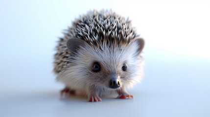 Obraz premium A highly detailed, animated baby hedgehog looking forward with curiosity on a white background.