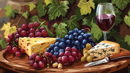 Ripe juicy grapes with cheese and red wine on tray Vector