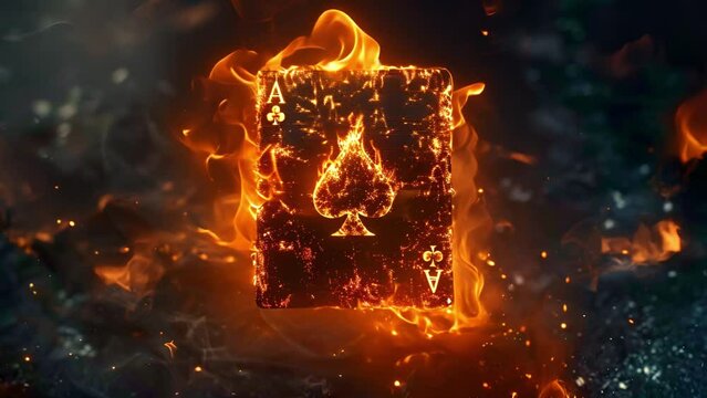 A flaming ace of spades playing card against a dark background.