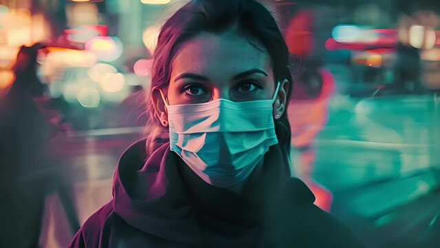 Serene young woman in mask against a vibrant city backdrop