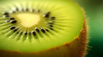 A macro shot of a perfectly ripe kiwi fruit, revealing its fuzzy green skin and juicy yellow flesh.