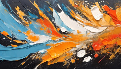 Modern abstract oil painting art design. Orange, gold, blue and white on black background