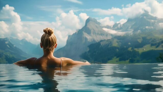 A woman relaxing in an infinity pool overlooking the Swiss Alps.