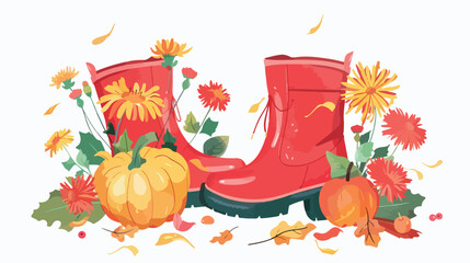 Rubber boots with chrysanthemum flowers apples and pu